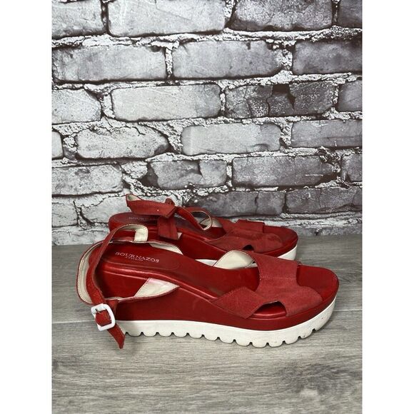 Bournazos Athens Red Suede Leather Ankle Strap Wedge Sandals Women Sz 39EU/8.5US - Picture 4 of 16